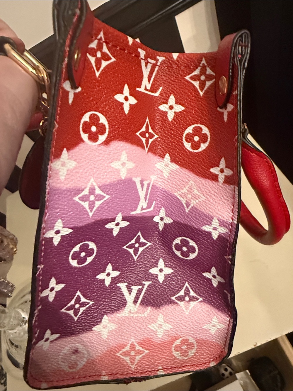 Red, Pink & Purple MONOGRAM Mini Tote FAUX  with Gold Charm BNWOT - Picture 2 of 5